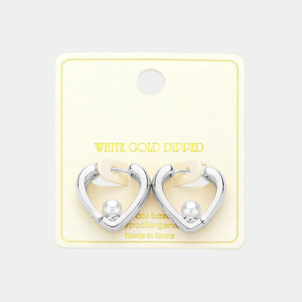 Silver White Gold Dipped Love Pearl Huggie Earrings - Jewelry Store by Erik Rayo
