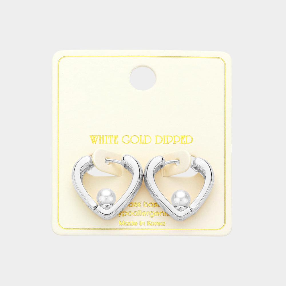 Silver White Gold Dipped Love Pearl Huggie Earrings