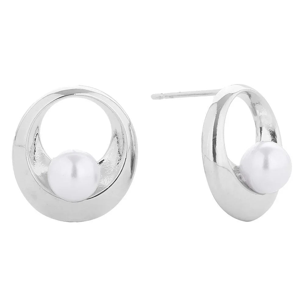 Silver White Gold Dipped Inner Circle Pearl Stud Earrings - Jewelry Store by Erik Rayo