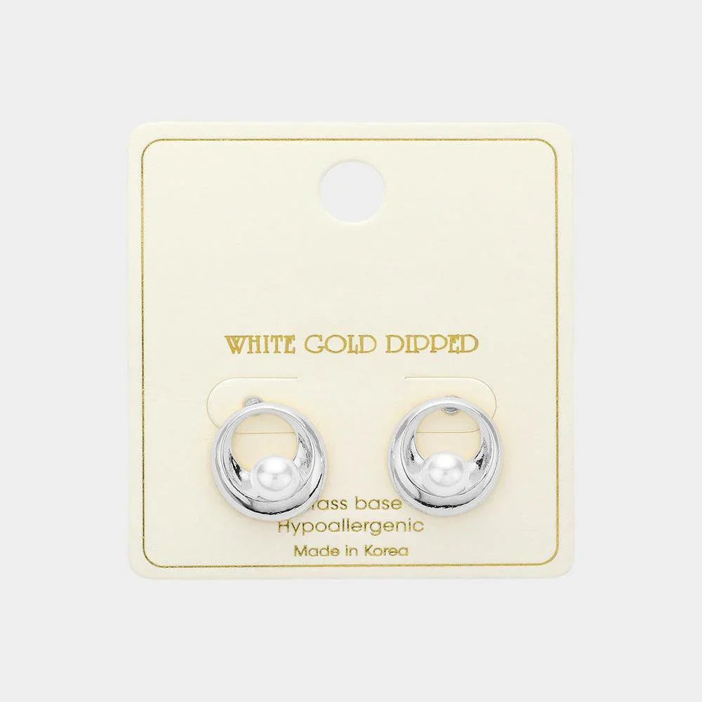 Silver White Gold Dipped Inner Circle Pearl Stud Earrings - Jewelry Store by Erik Rayo