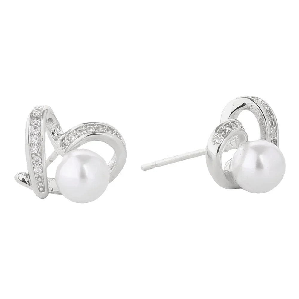 Silver White Gold Dipped Heart Pearl Stud Earrings - Jewelry Store by Erik Rayo