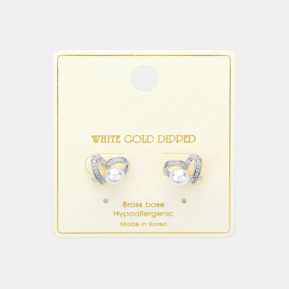 Silver White Gold Dipped Heart Pearl Stud Earrings - Jewelry Store by Erik Rayo