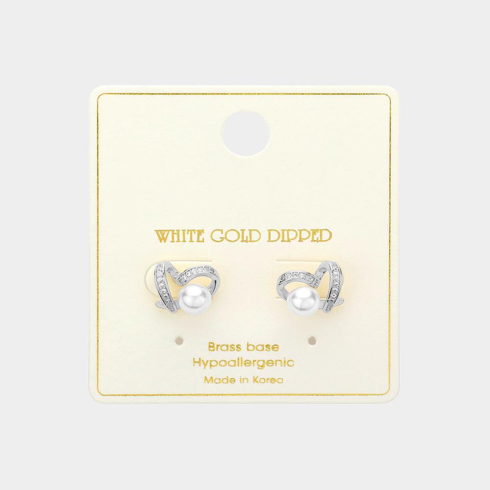 Silver White Gold Dipped Heart Pearl Stud Earrings