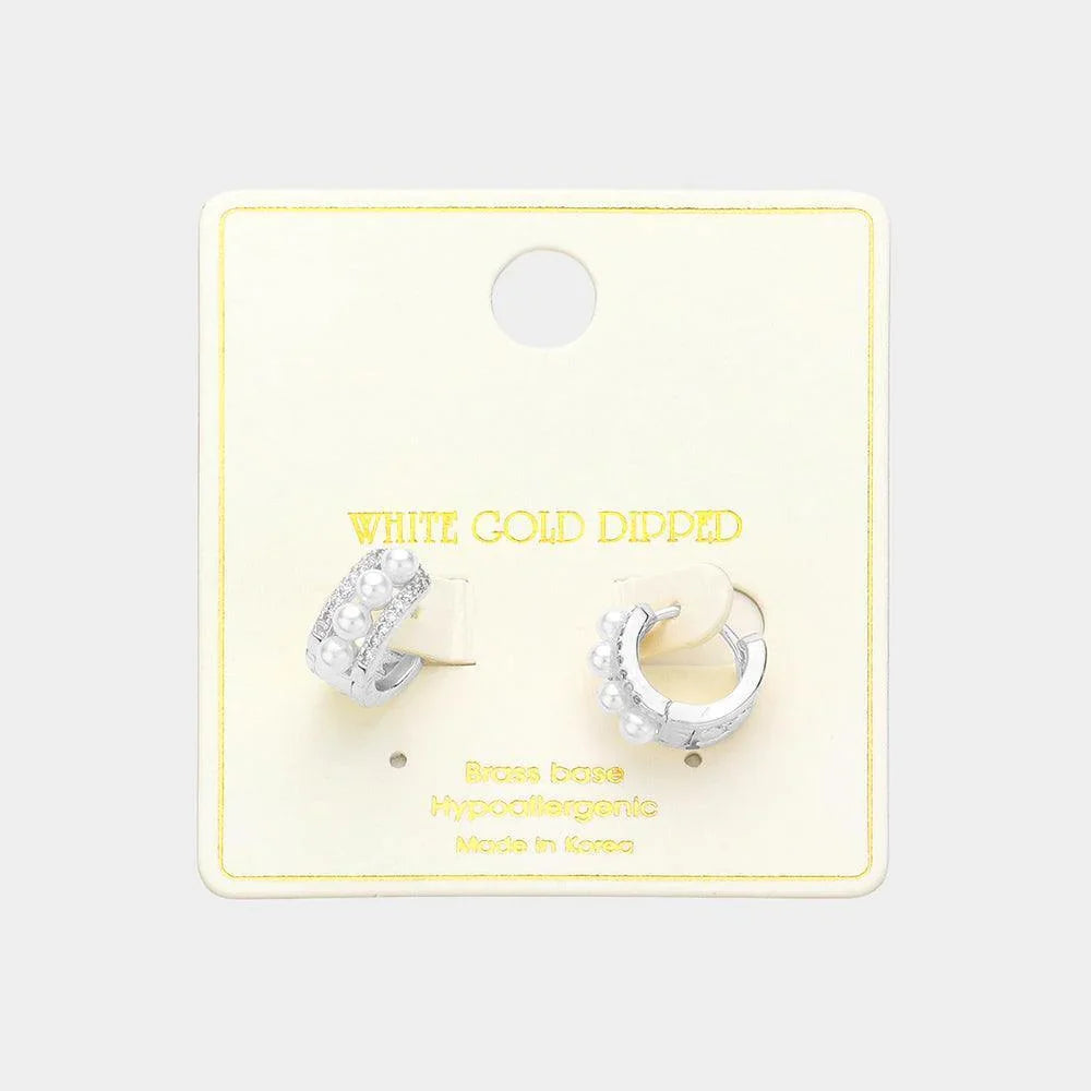 Silver White Gold Dipped Pearl Eternity Huggie Earrings - Jewelry Store by Erik Rayo