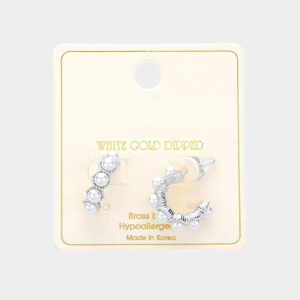 Silver White Gold Dipped Pearl Hoop Earrings