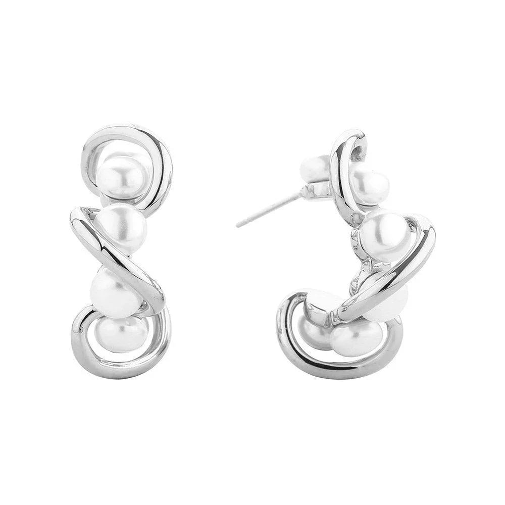 Silver White Gold Dipped Wavy Cluster Pearl Hoop Earrings - Jewelry Store by Erik Rayo
