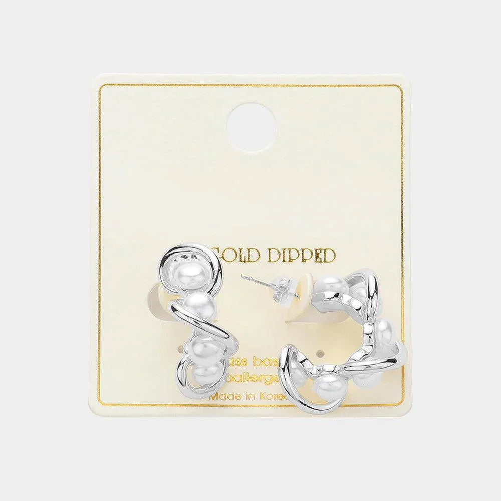 Silver White Gold Dipped Wavy Cluster Pearl Hoop Earrings - Jewelry Store by Erik Rayo