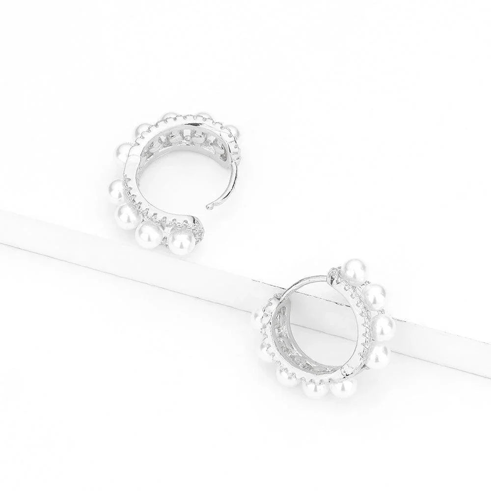 CZ Stone Pave Pearl Huggie Earrings - Jewelry Store by Erik Rayo