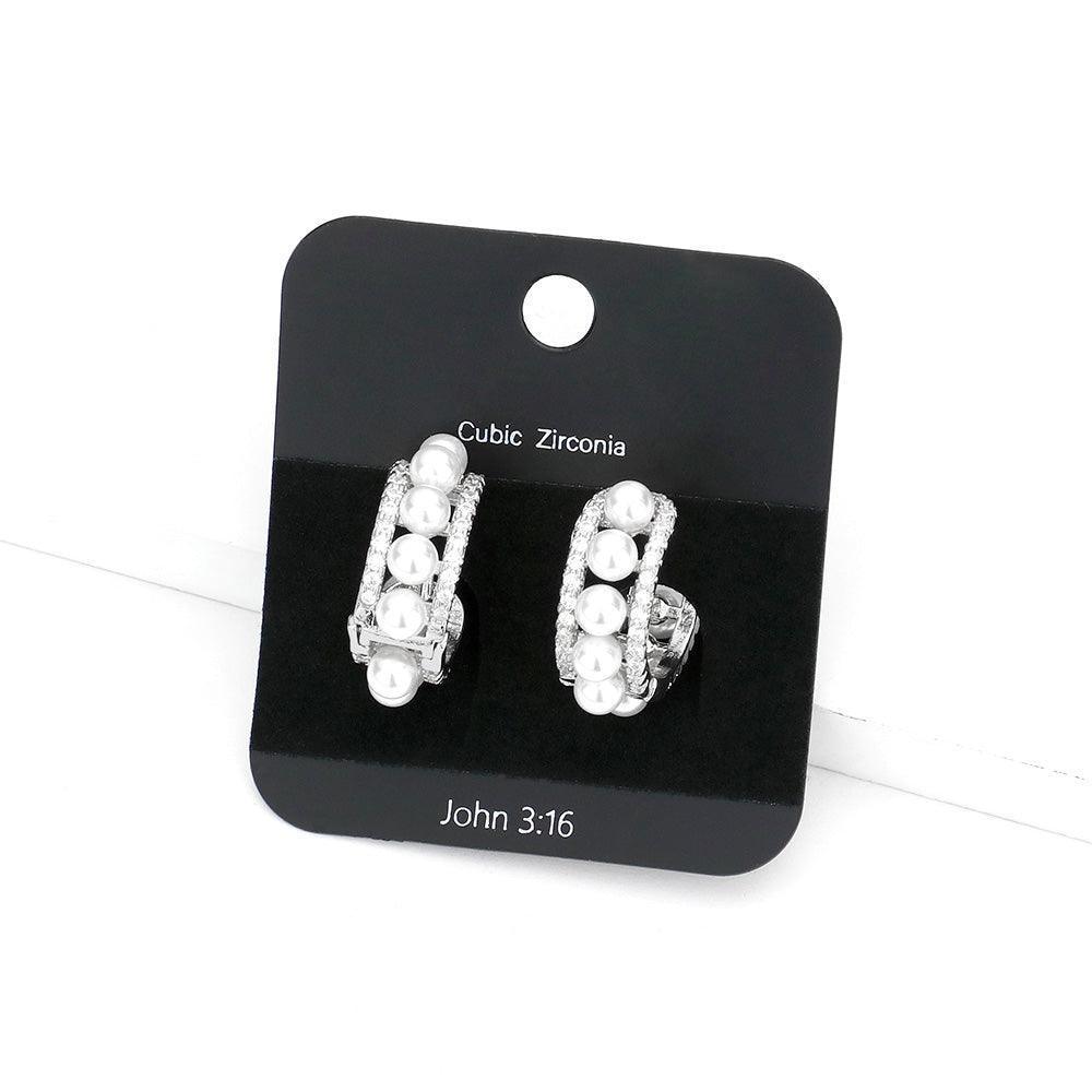 CZ Stone Pave Pearl Huggie Earrings - Jewelry Store by Erik Rayo