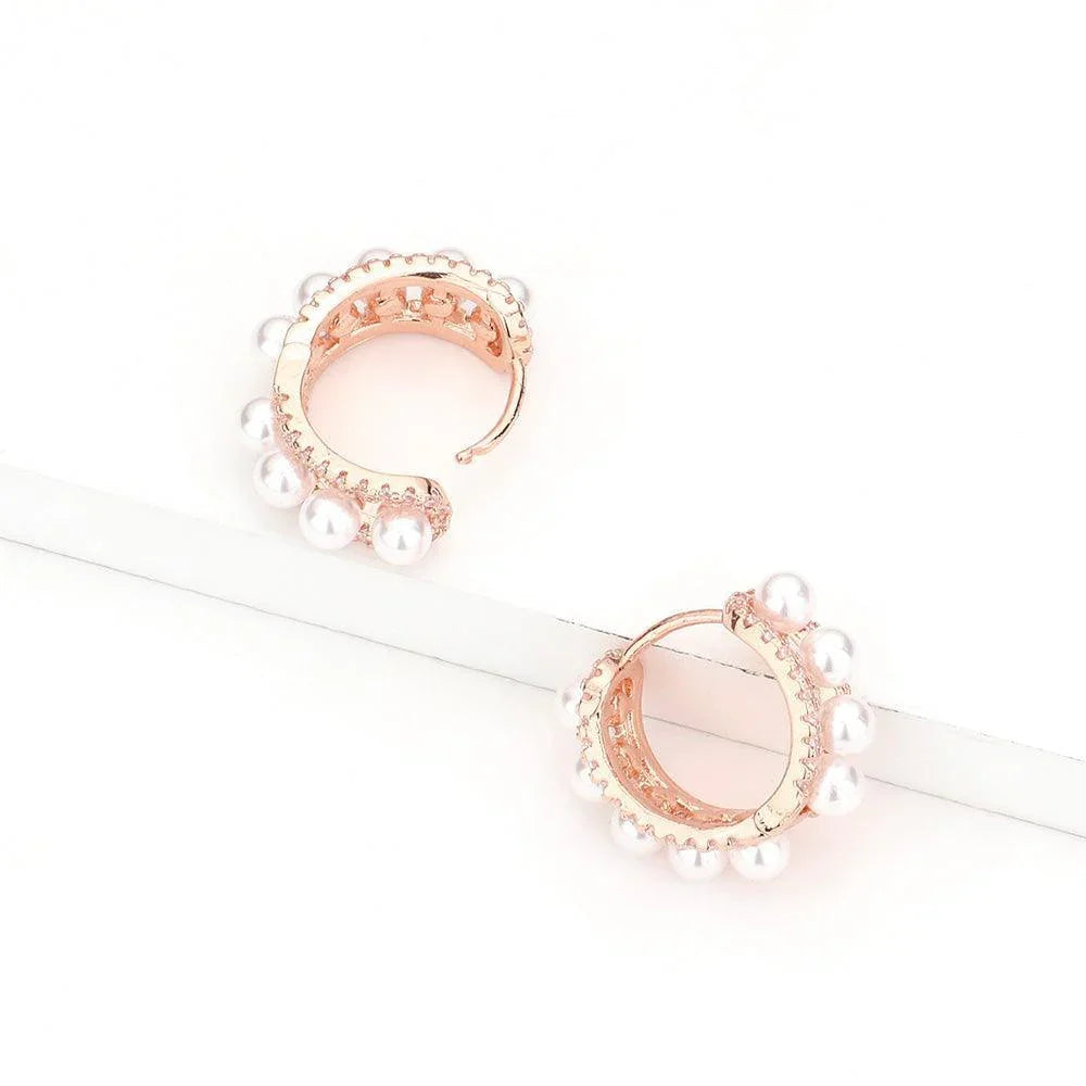 Rose Gold CZ Stone Pave Pearl Huggie Earrings - Jewelry Store by Erik Rayo