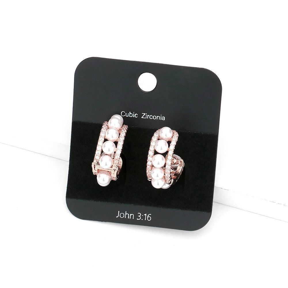 Rose Gold CZ Stone Pave Pearl Huggie Earrings - Jewelry Store by Erik Rayo