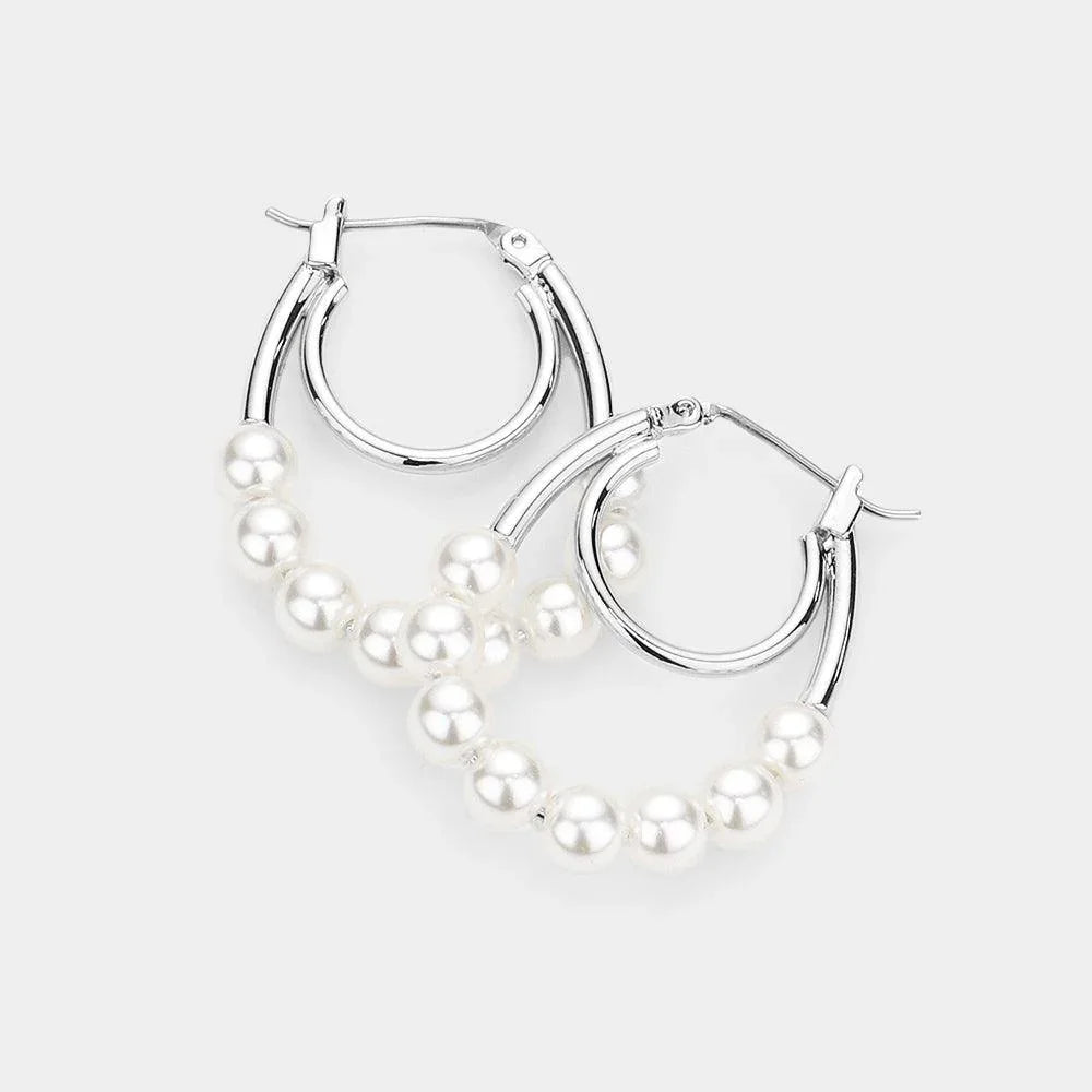 White Pearl Pin Catch Hoop Earrings - Jewelry Store by Erik Rayo