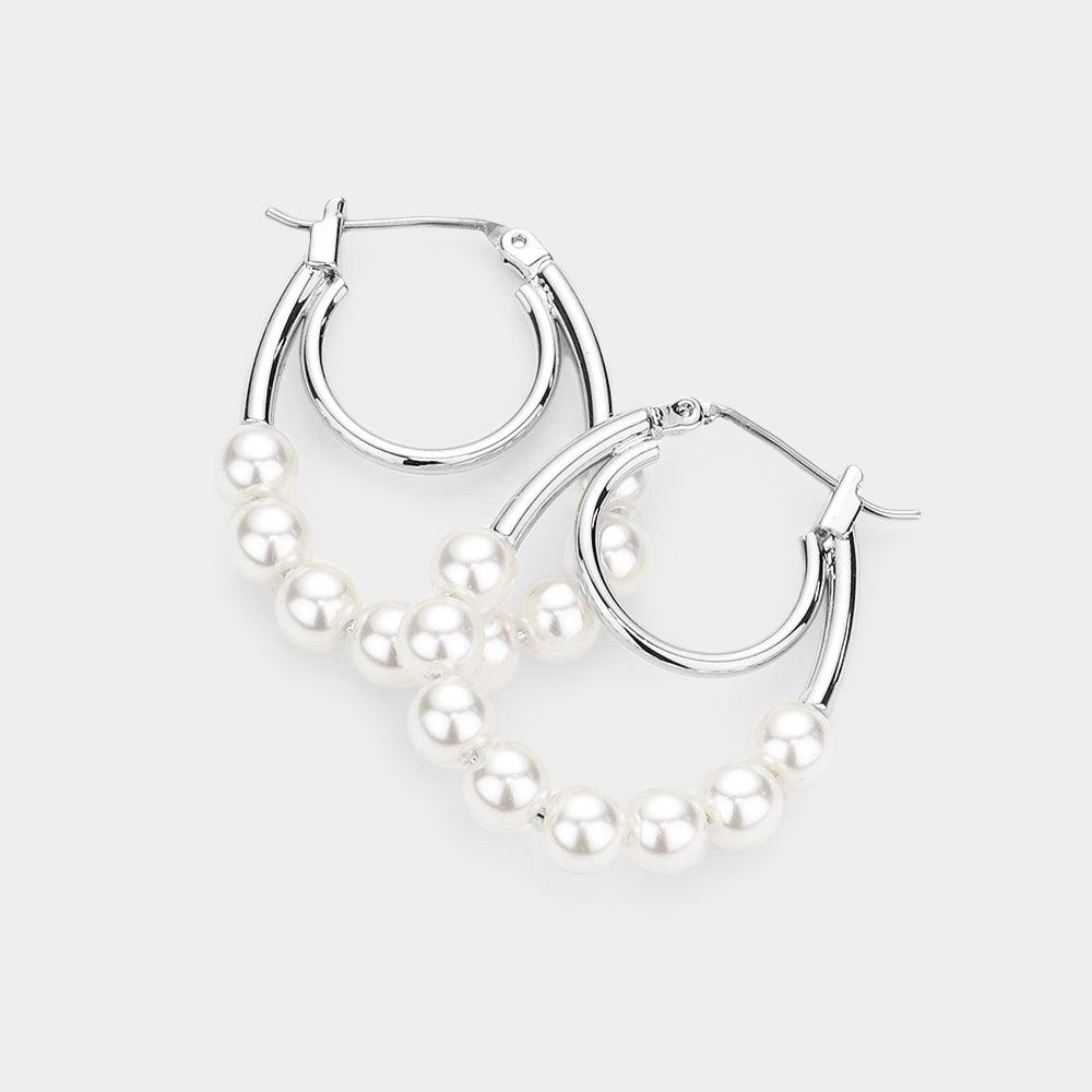 White Pearl Pin Catch Hoop Earrings