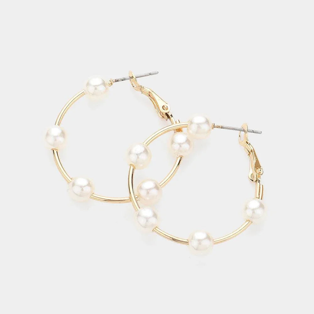 Cream Pearl Ball Station Hoop Earrings - Jewelry Store by Erik Rayo