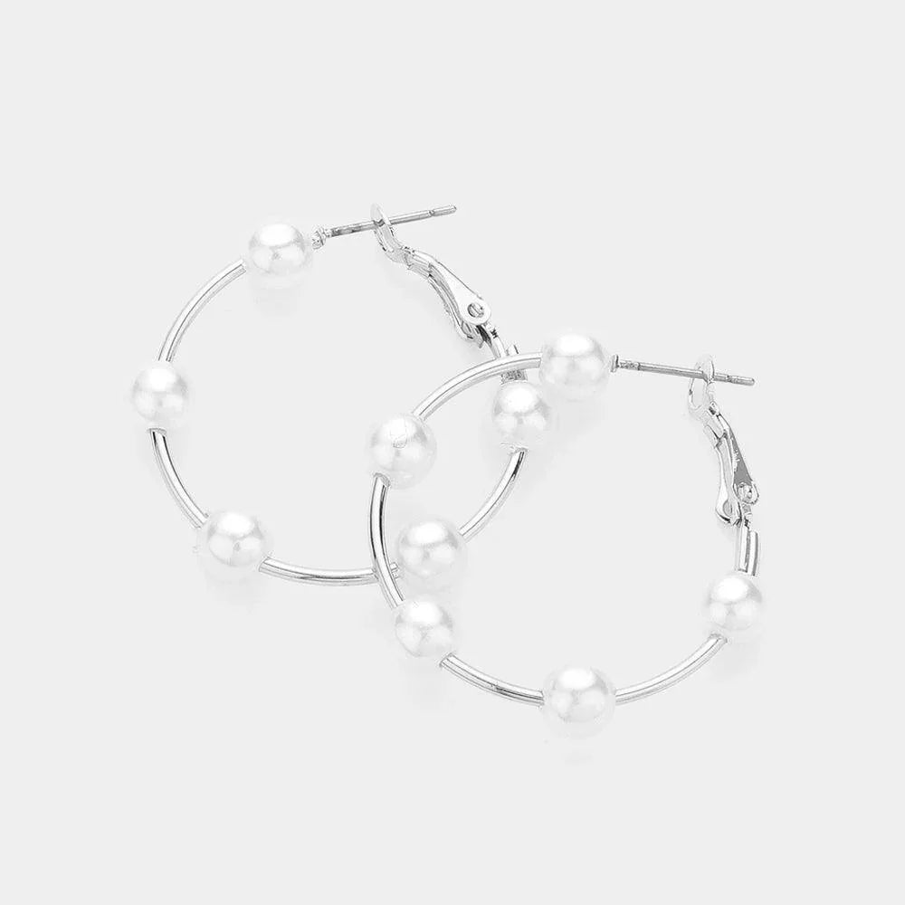 White Pearl Ball Station Hoop Earrings - Jewelry Store by Erik Rayo