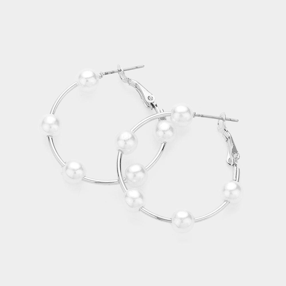 White Pearl Ball Station Hoop Earrings