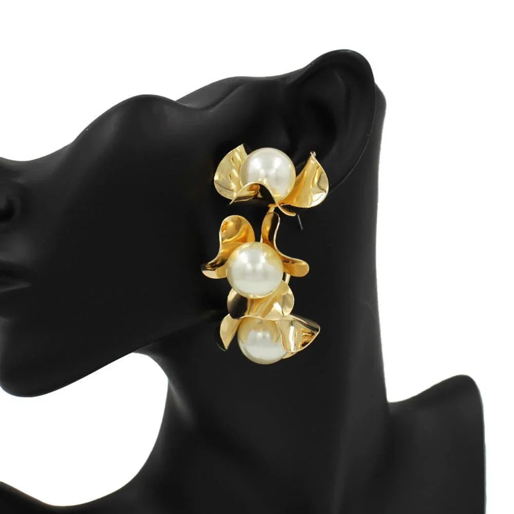 Gold Pearl Accented Triple Metal Flower Hoop Earrings - Jewelry Store by Erik Rayo