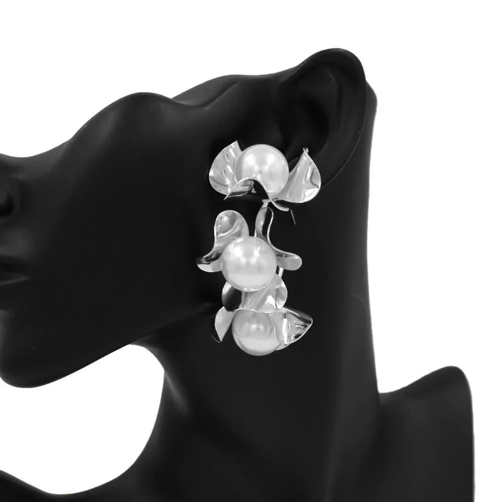 Pearl Accented Triple Metal Flower Hoop Earrings - Jewelry Store by Erik Rayo