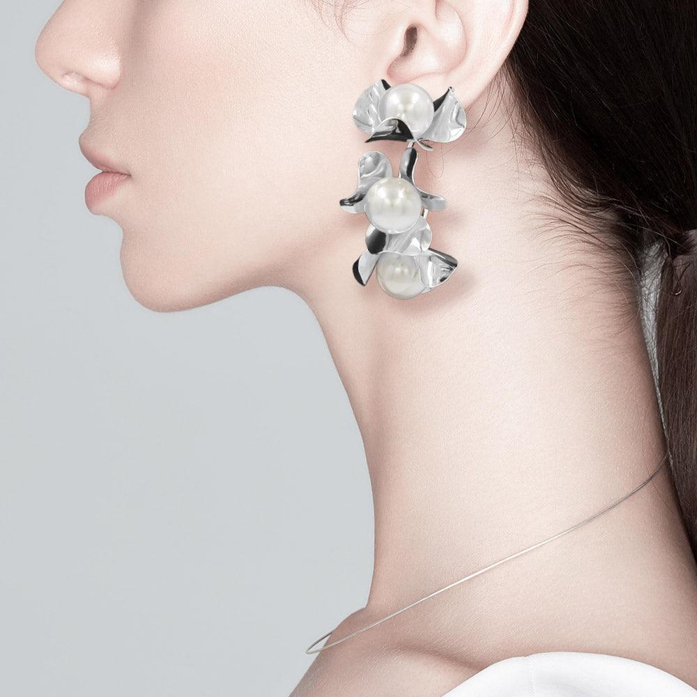 Pearl Accented Triple Metal Flower Hoop Earrings - Jewelry Store by Erik Rayo