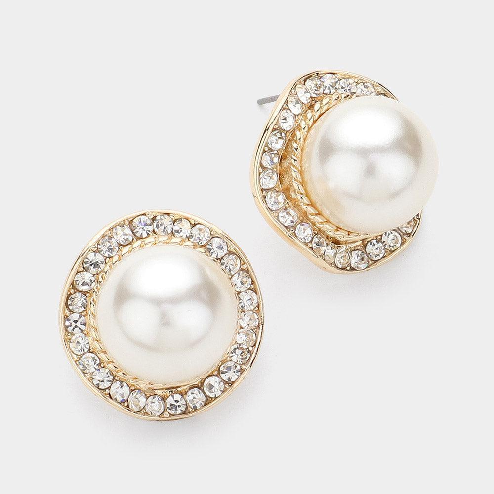 Cream Rhinestone Paved Rim Pearl Earrings - Jewelry Store by Erik Rayo