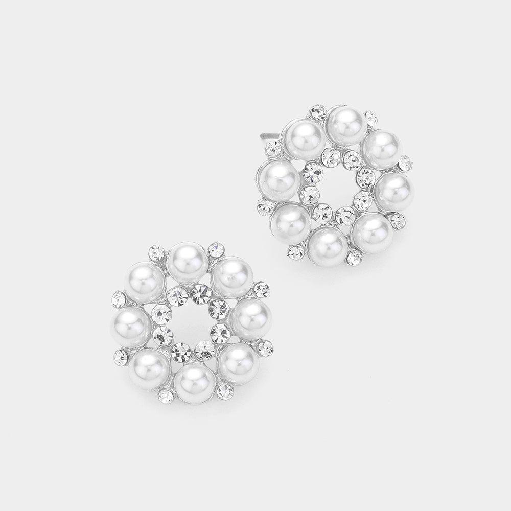 White Pearl Flower Stud Earrings