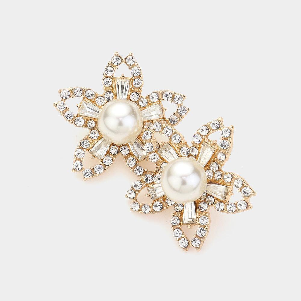 Cream Pearl Pointed Stone Paved Flower Earrings - Jewelry Store by Erik Rayo