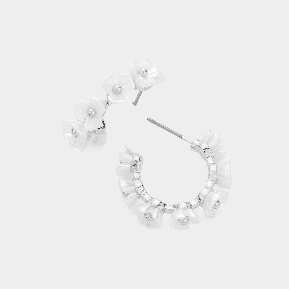 Silver Pearl Flower Hoop Earrings