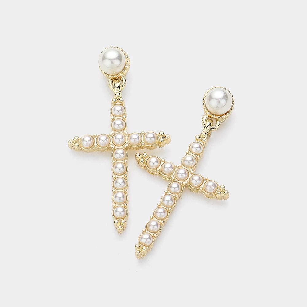 Cream Pearl Cross Dangle Earrings - Jewelry Store by Erik Rayo