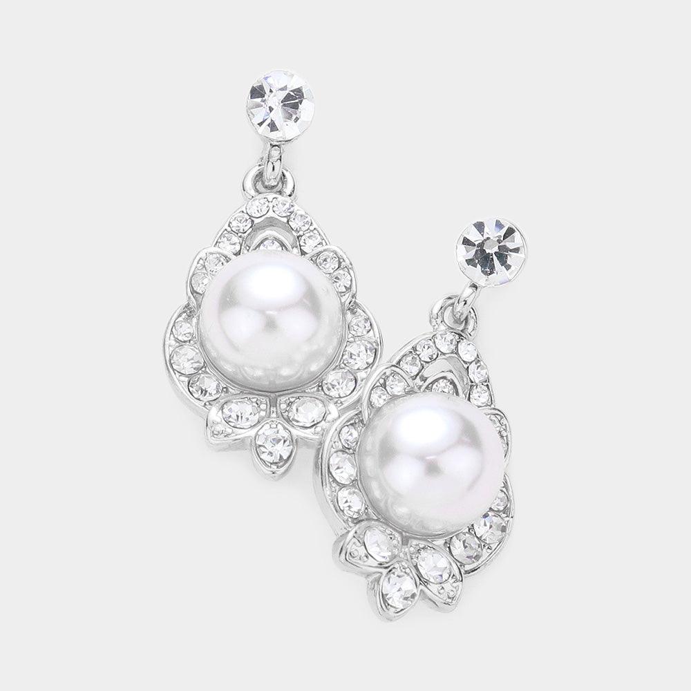 White Pearl Accented Rhinestone Embellished Metal Dangle Earrings