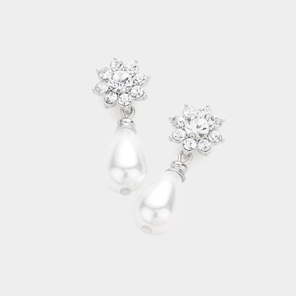 White Stone Flower Teardrop Pearl Dangle Earrings