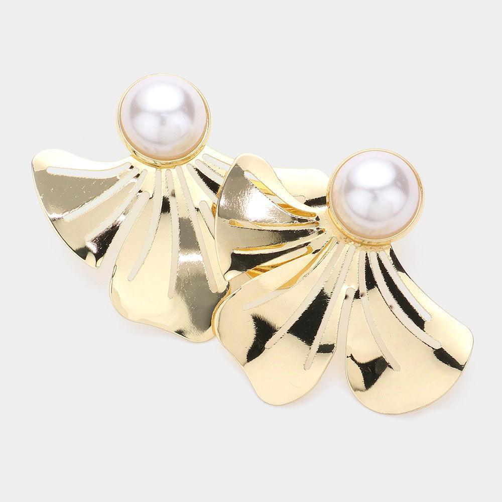 Gold Pearl Pointed Metal Gingko Leaf Earrings