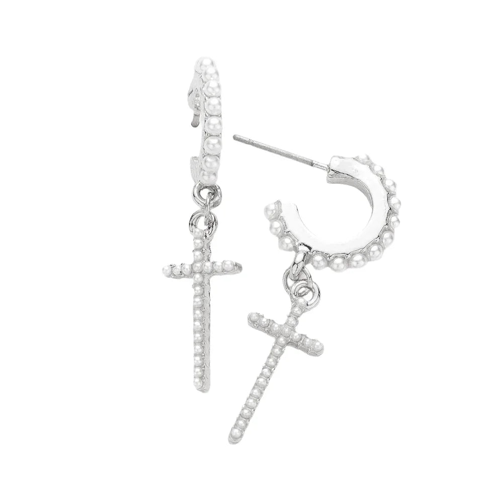 Cream Pearl Cross Dangle Earrings - Jewelry Store by Erik Rayo