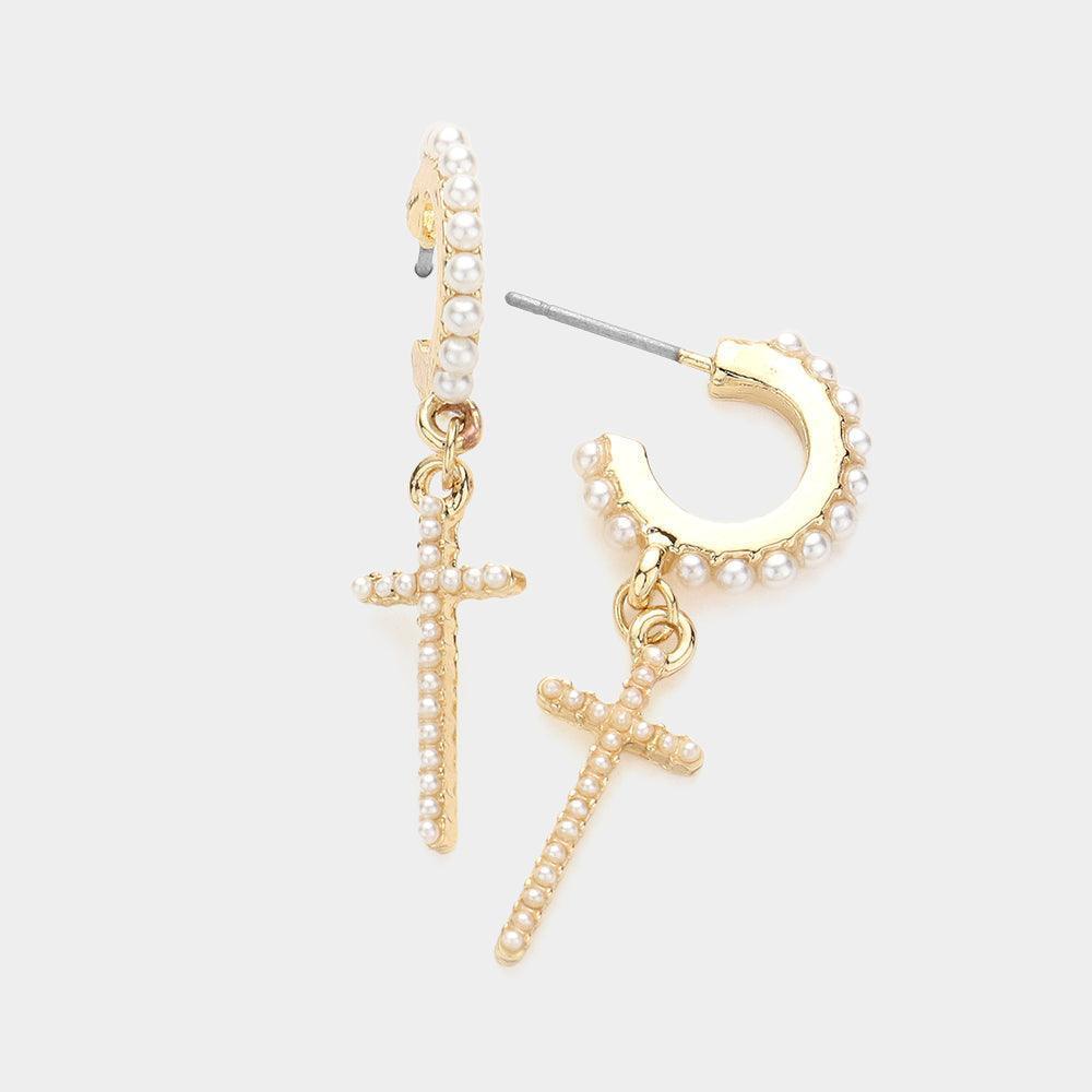 Cream Pearl Cross Dangle Earrings - Jewelry Store by Erik Rayo