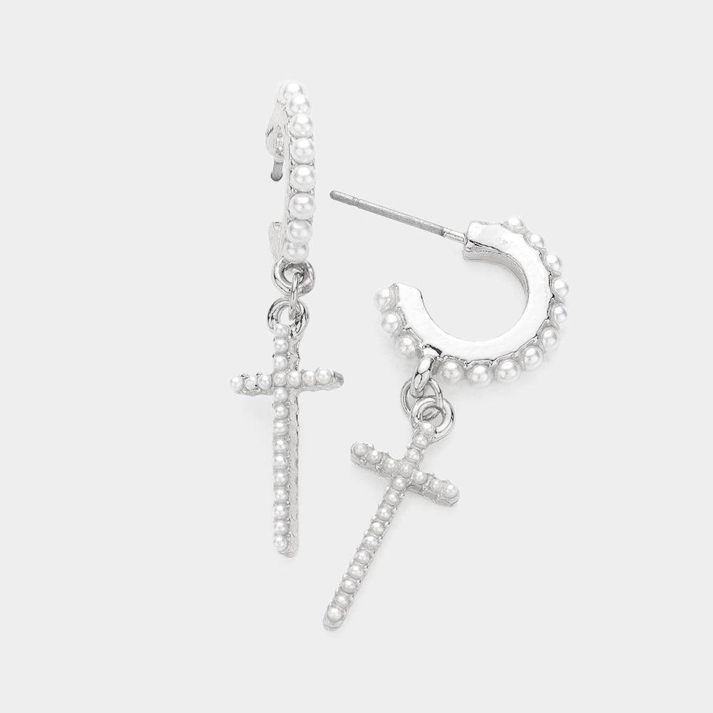 Cream Pearl Cross Dangle Earrings - Jewelry Store by Erik Rayo