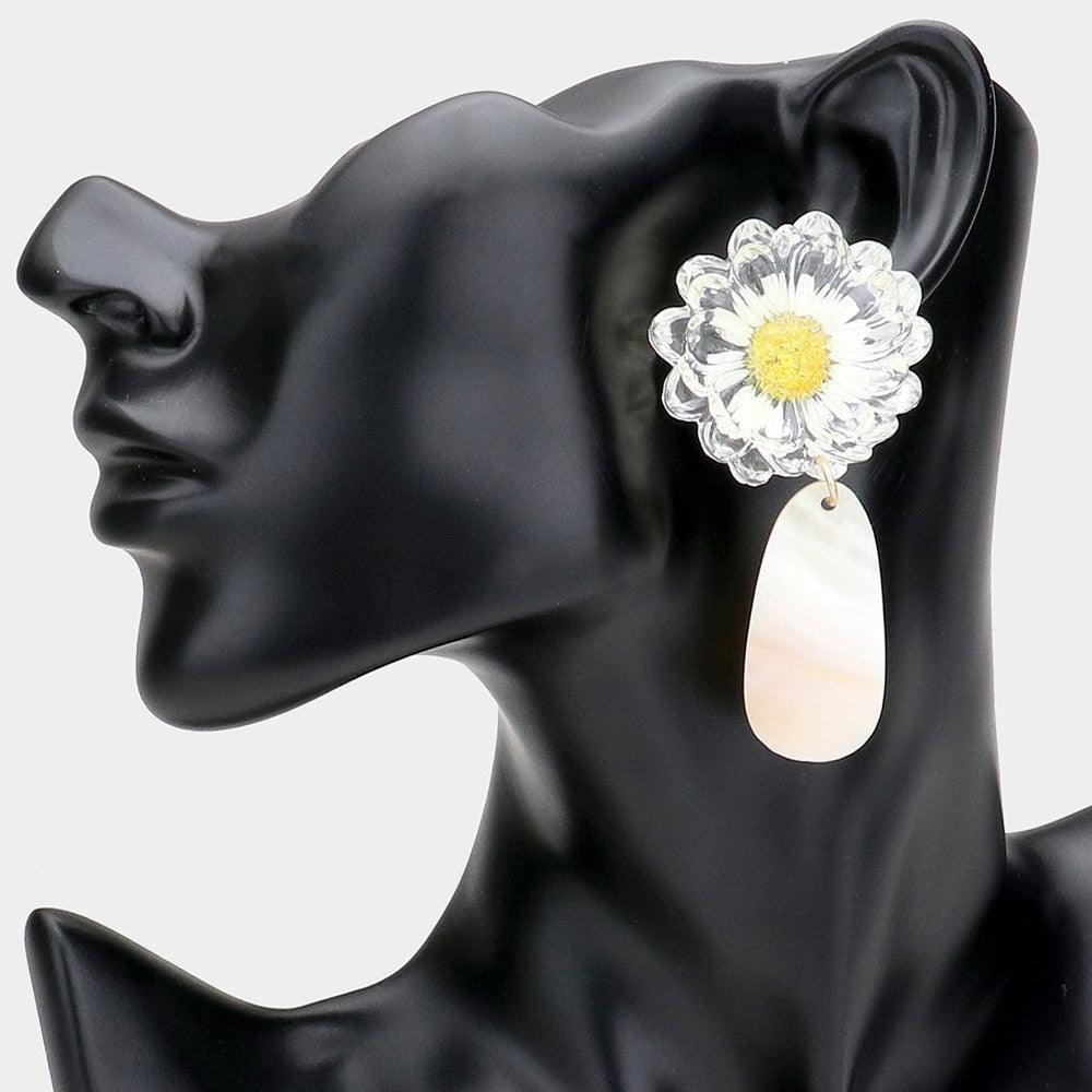 Lucite Flower Mother of Pearl Dangle Earrings - Jewelry Store by Erik Rayo