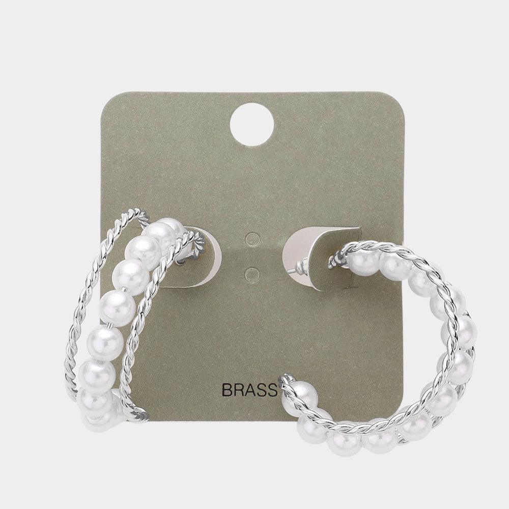 Pearl Detailed Brass Metal Split Hoop Earrings - Jewelry Store by Erik Rayo