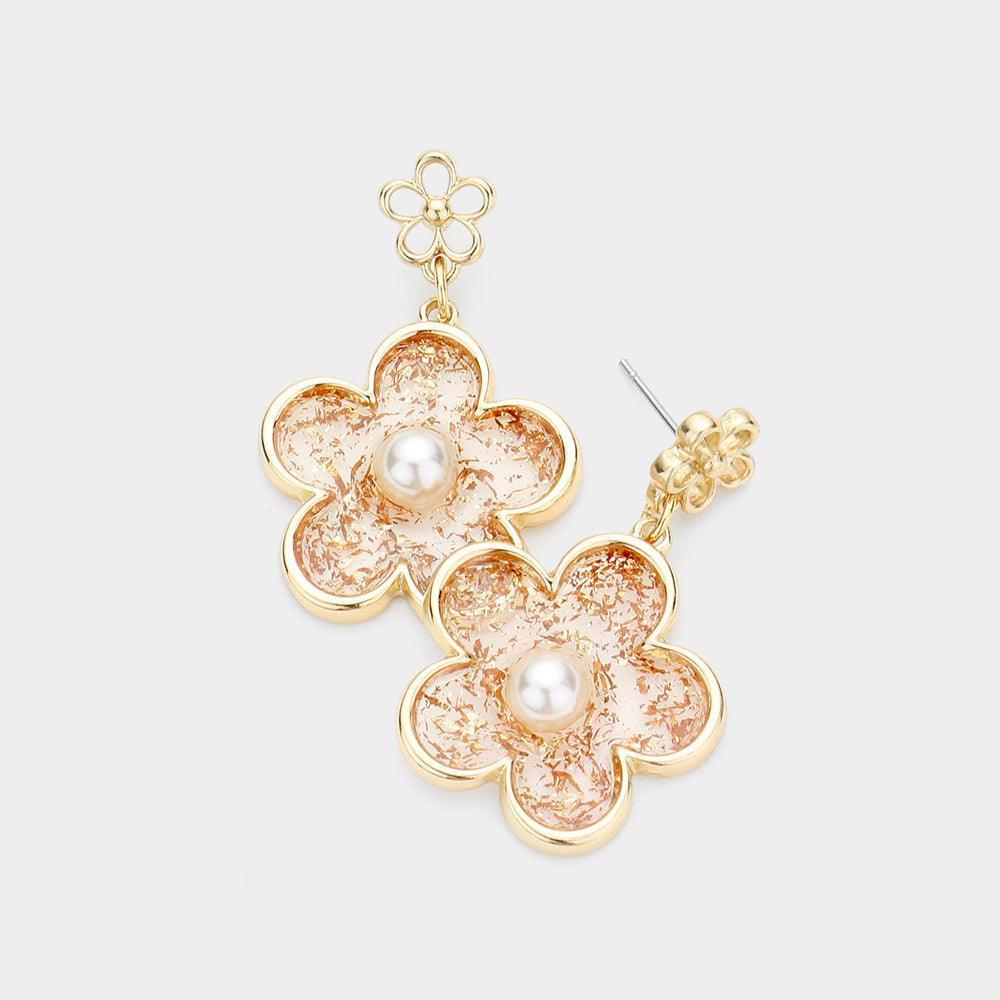 Gold Pearl Centered Glitter Clear Lucite Flower Dangle Earrings - Jewelry Store by Erik Rayo