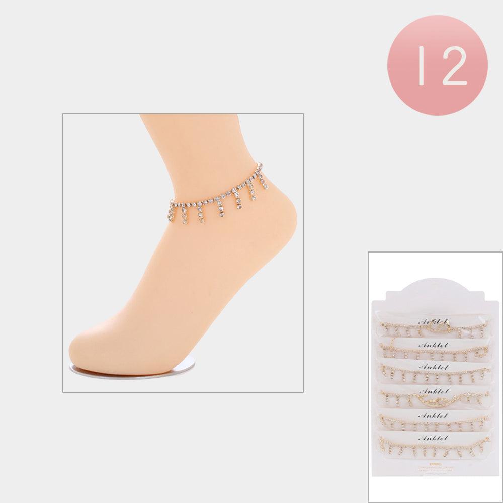 Gold 12PCS - Rhinestone Paved Anklets