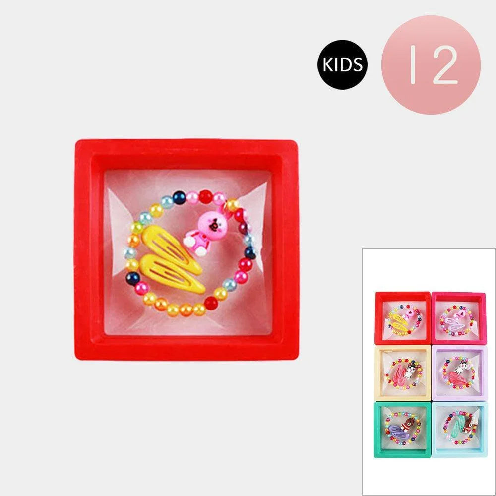 12 SET OF 3 - Kids Animal Charm Beaded Stretch Bracelet Hair Pin Sets - Jewelry Store by Erik Rayo