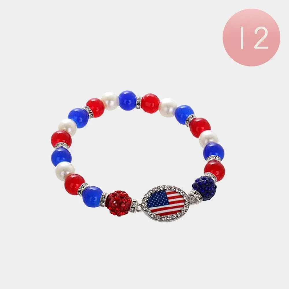 12PCS - American USA Flag Pointed Shamballa Ball Stretch Bracelets - Jewelry Store by Erik Rayo