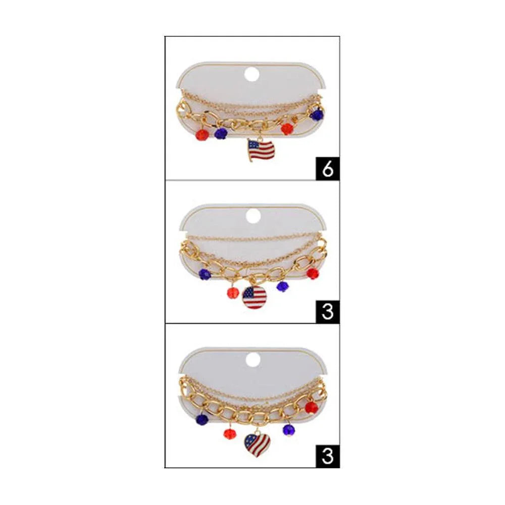 12PCS - Enamel American USA Flag Charm Pointed Faceted Beads Station Chain Layered Bracelets - Jewelry Store by Erik Rayo