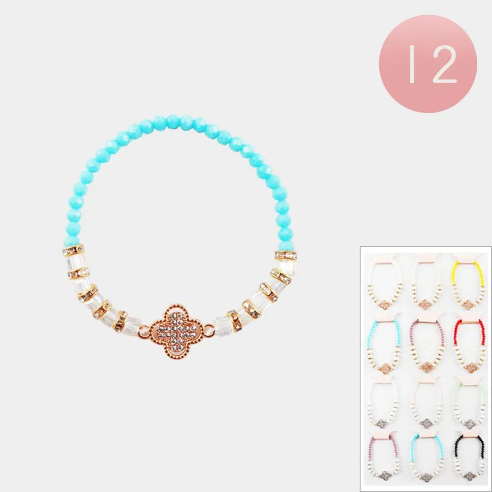 12PCS - Stone Paved Quatrefoil Pointed Faceted Beaded Stretch Bracelets - Jewelry Store by Erik Rayo