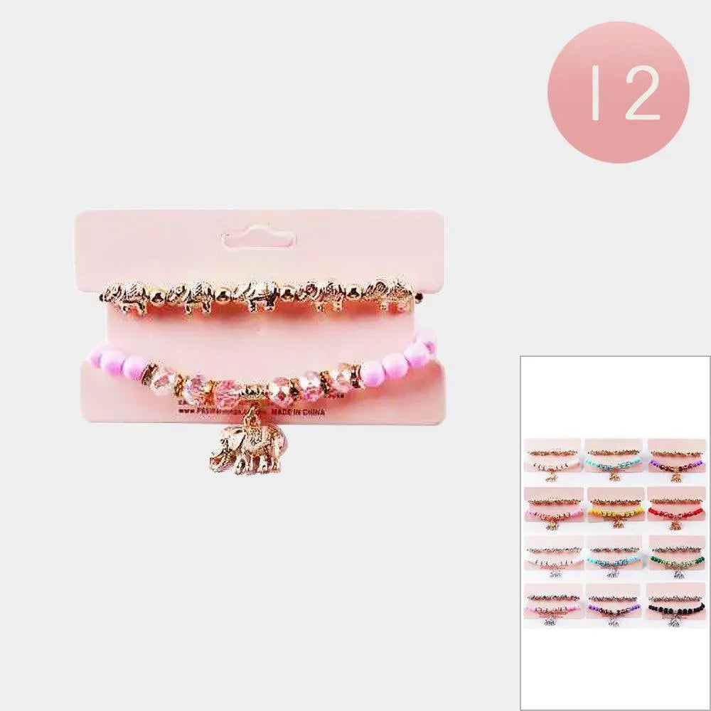 12 SET OF 2 - Elephant Charm Beaded Stretch Bracelets - Jewelry Store by Erik Rayo