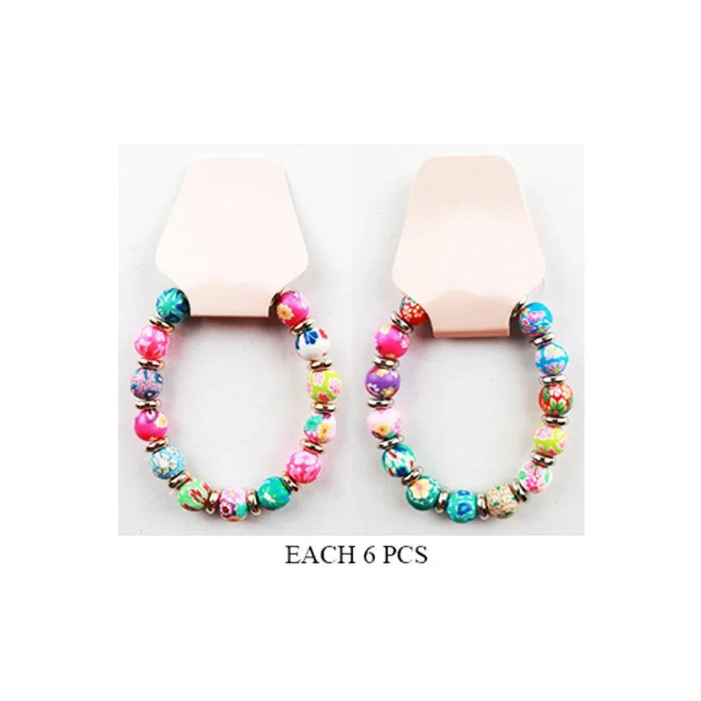 12PCS - Flower Printed Clay Ball Beaded Stretch Bracelets - Jewelry Store by Erik Rayo