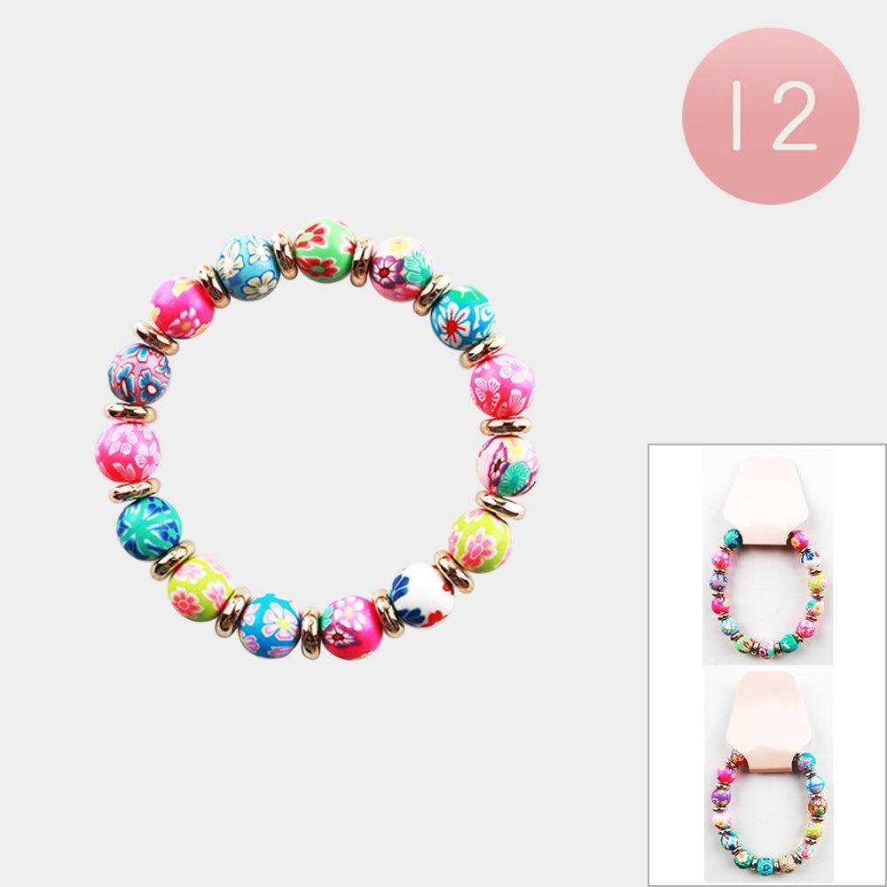 12PCS - Flower Printed Clay Ball Beaded Stretch Bracelets - Jewelry Store by Erik Rayo