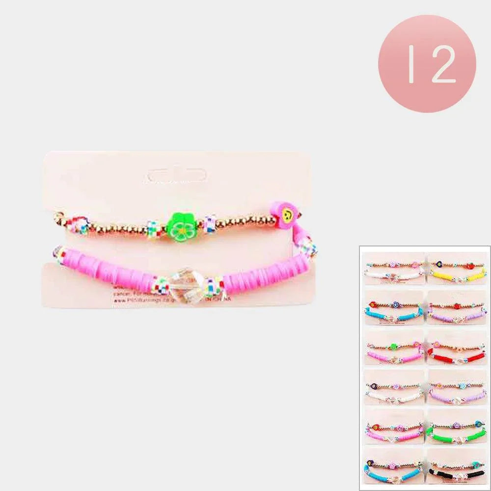 12 SET OF 2 - Flower Clear Stone Pointed Beaded Stretch Bracelets - Jewelry Store by Erik Rayo