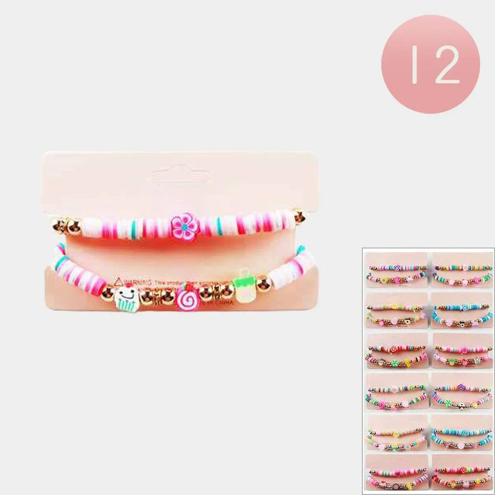 12 SET OF 2 - Flower Food Pointed Heishi Beaded Stretch Bracelets - Jewelry Store by Erik Rayo