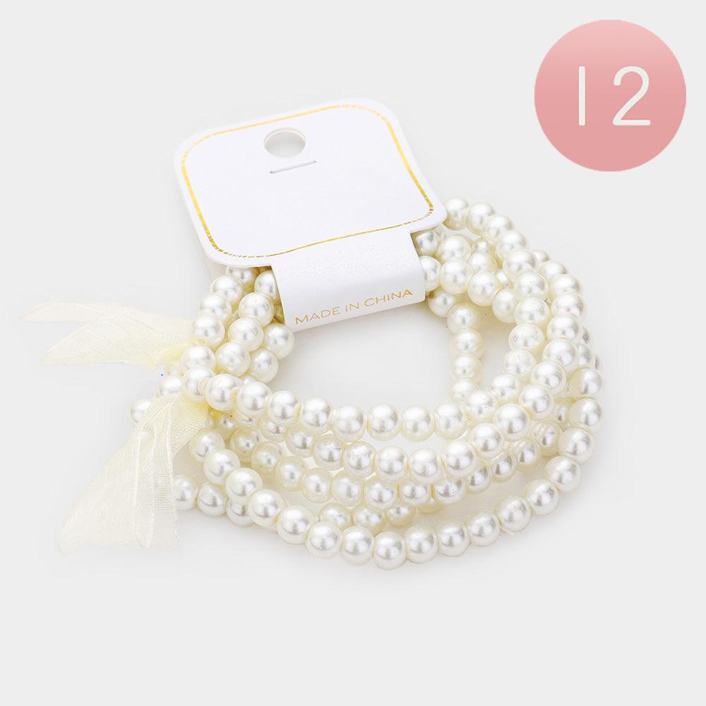 Cream 12 Set of 5  Pearl Stretch Bracelets