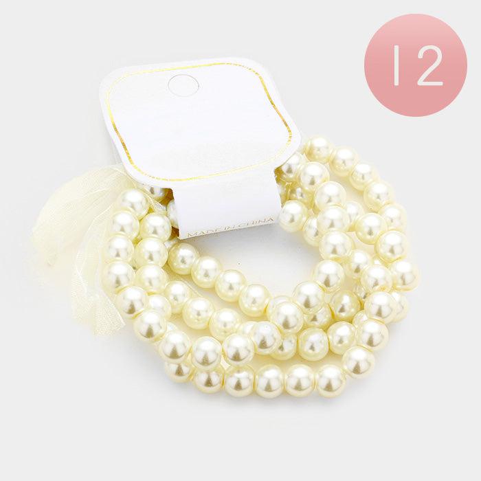 Cream 12 Set of 4 - Faux Pearl Stretch Bracelets