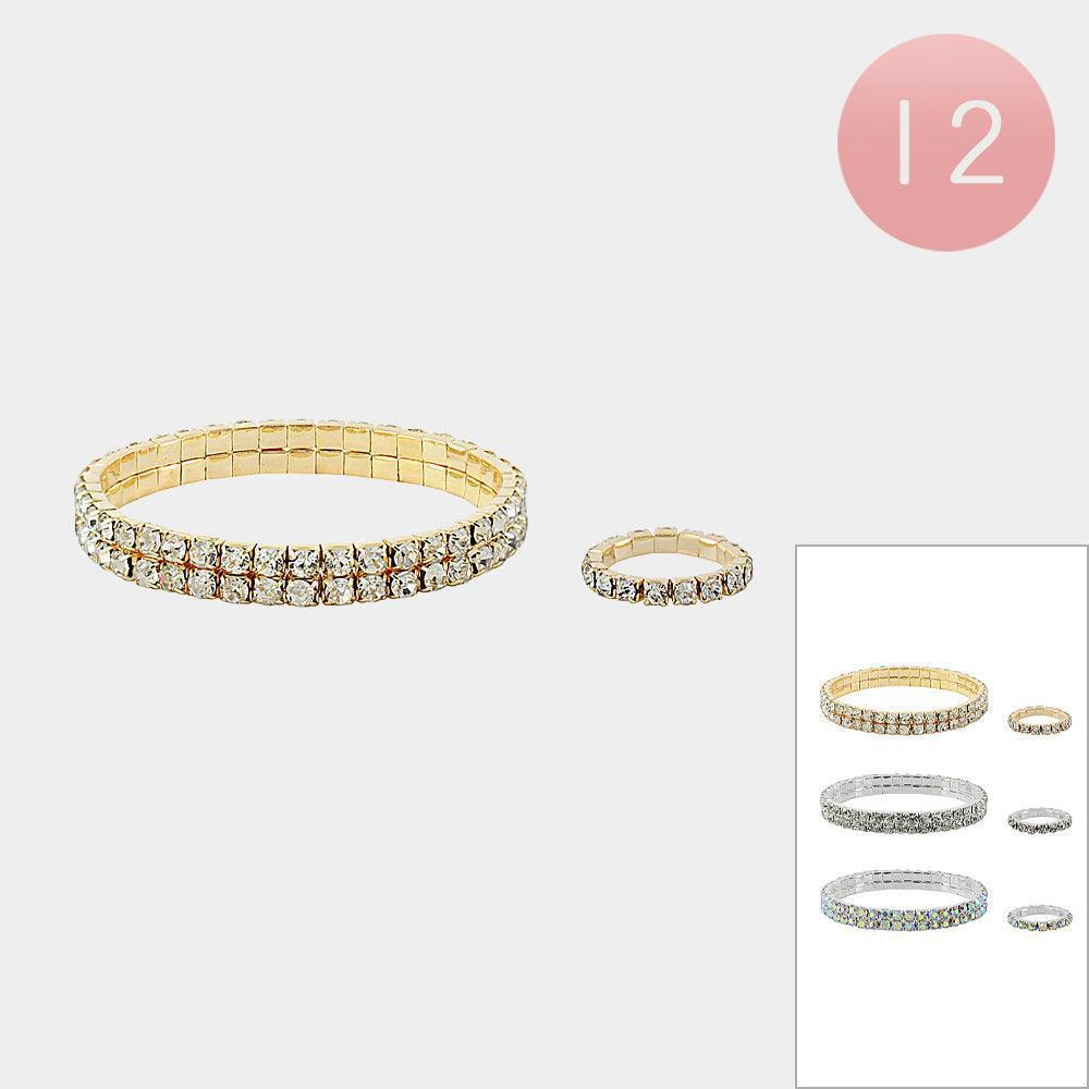 Silver 12PCS Rhinestone Paved Stretch Bracelet Ring Set - Jewelry Store by Erik Rayo